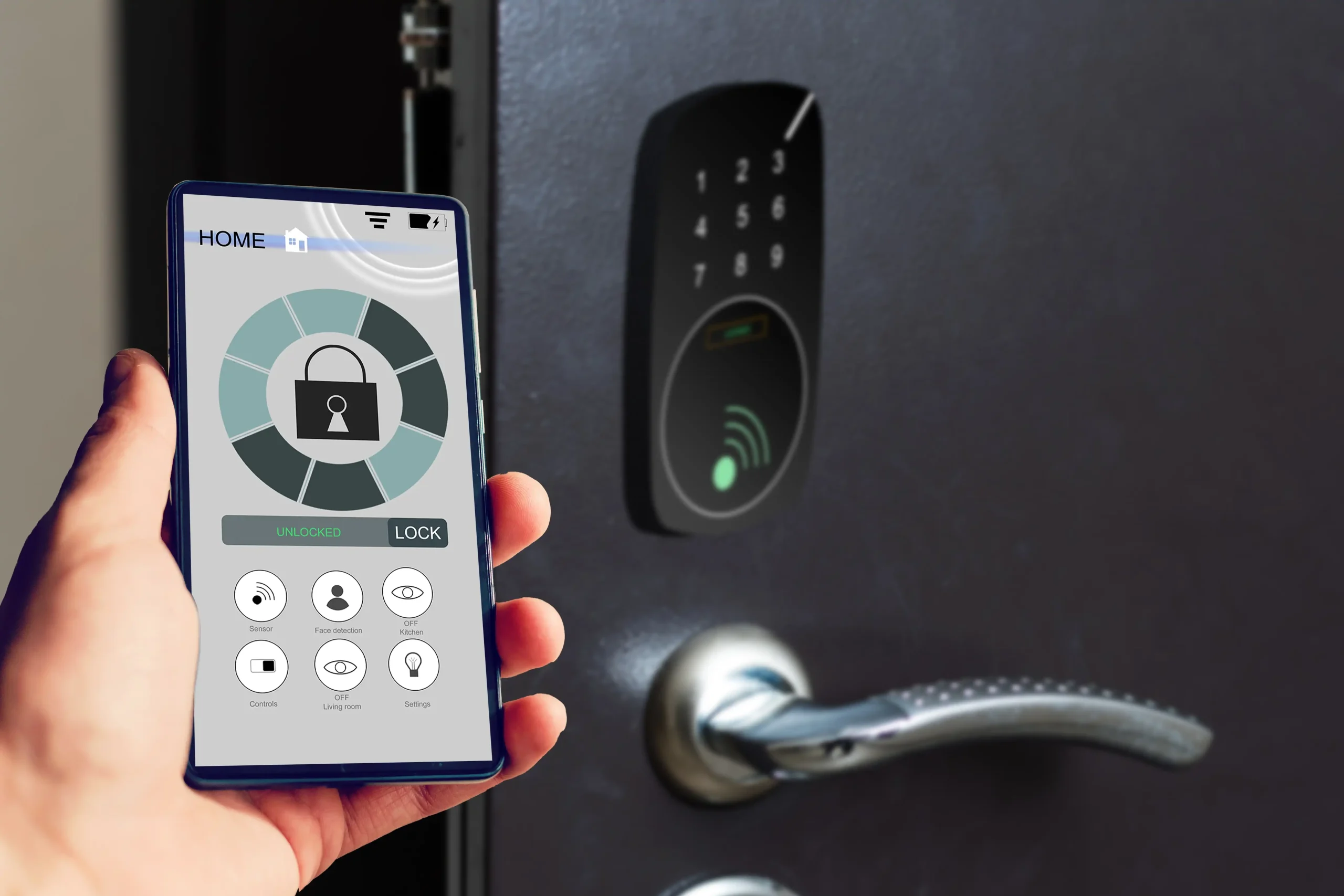 Smart Home Integration displayed on a smartphone near a door with a digital lock interface