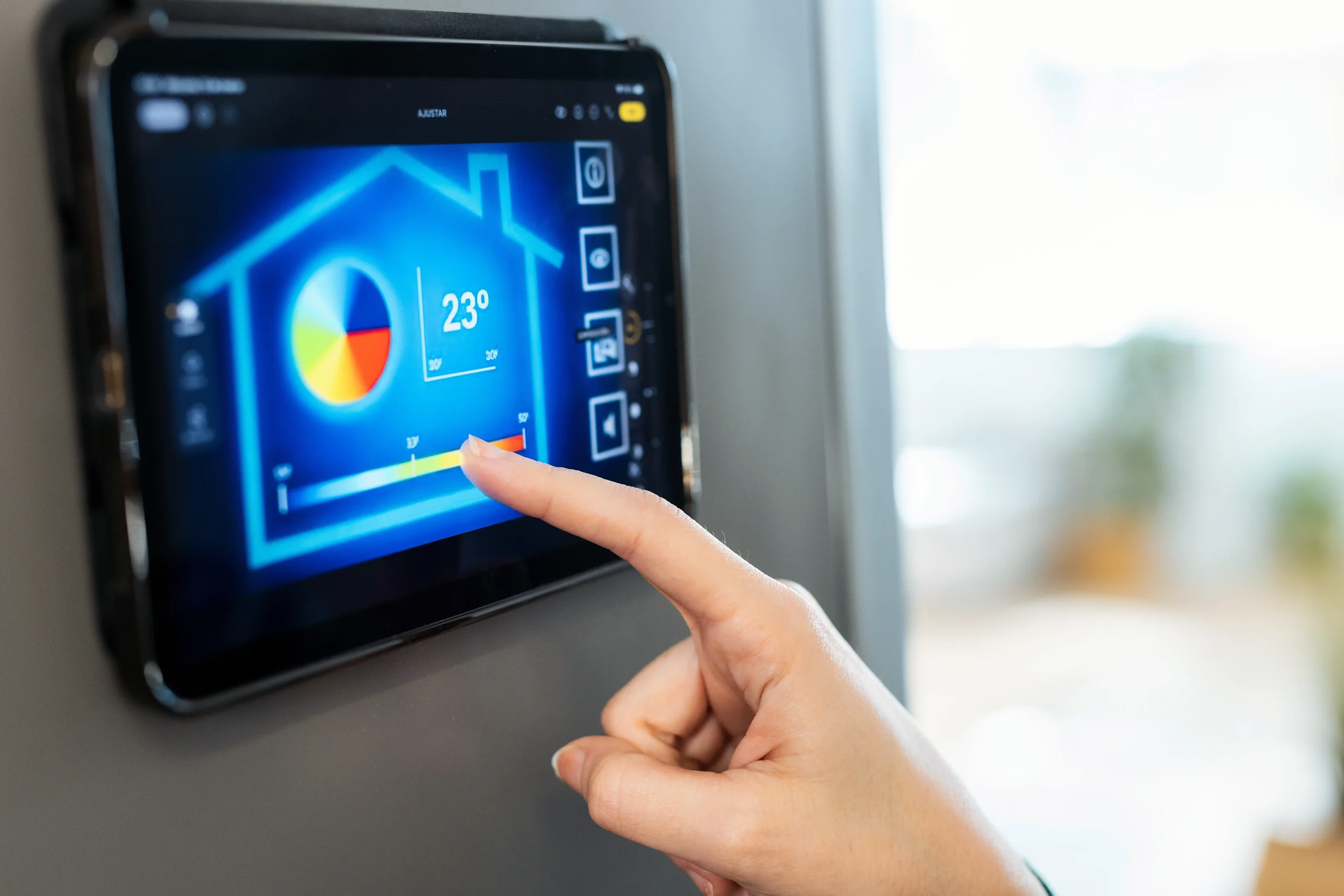 Smart home integration displayed on a touchscreen for temperature control adjustments