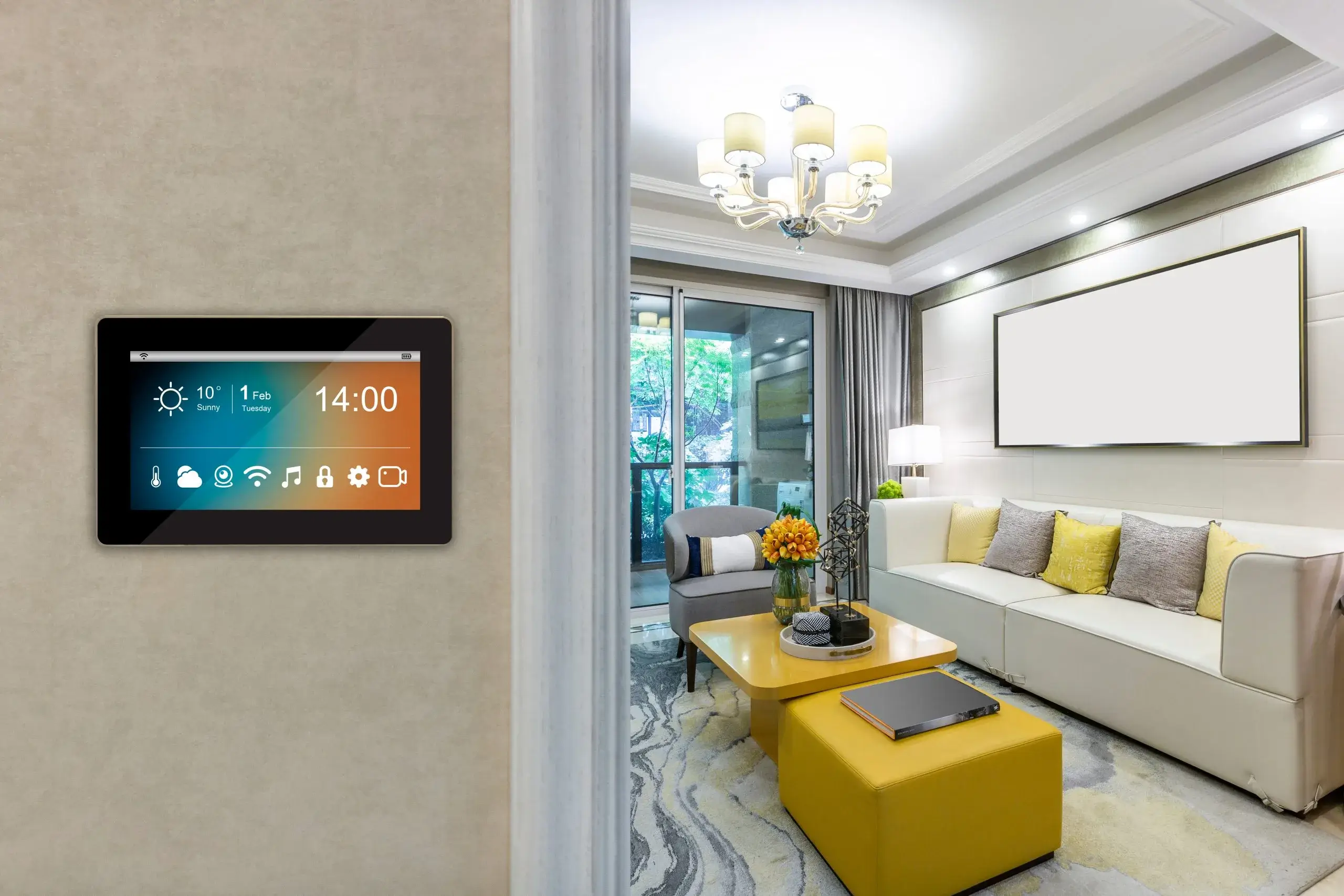 A modern living room features a tablet display and bright, stylish furnishings