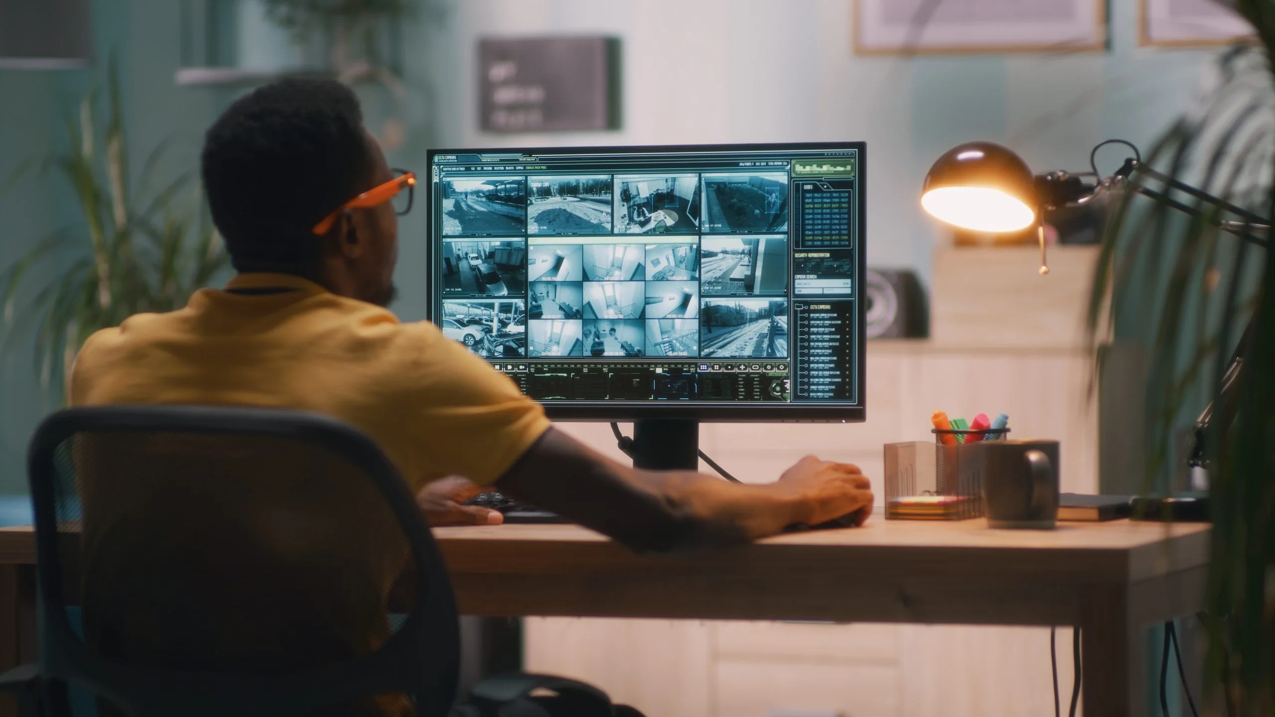 A person sits at a desk, observing multiple surveillance feeds on a computer screen