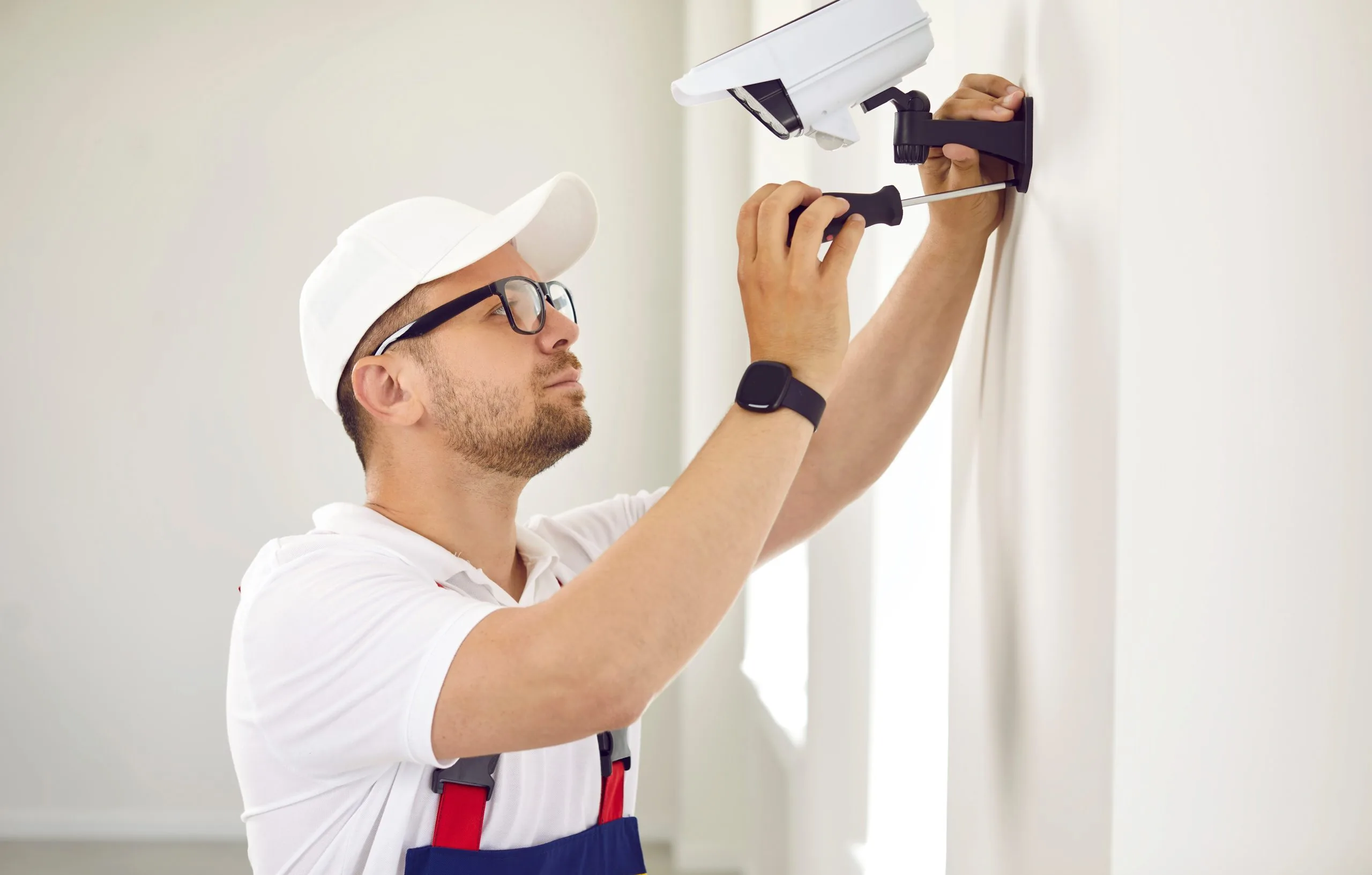 Technician installing alarm systems Winnipeg surveillance camera on a white wall