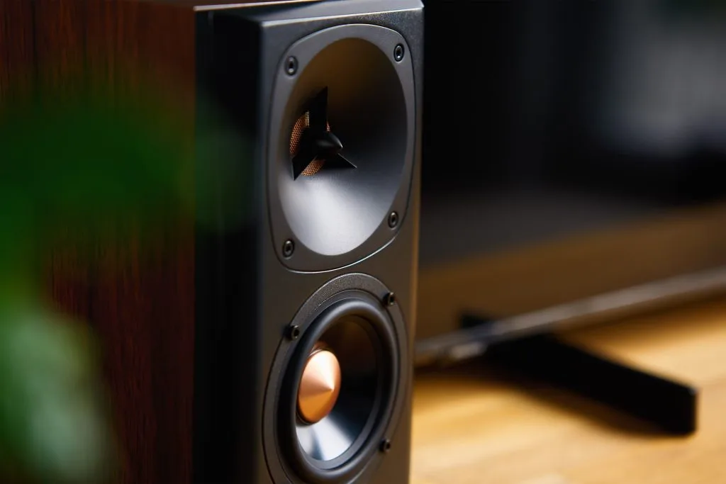 Custom audio visual systems feature a sleek wooden speaker beside a blurred television