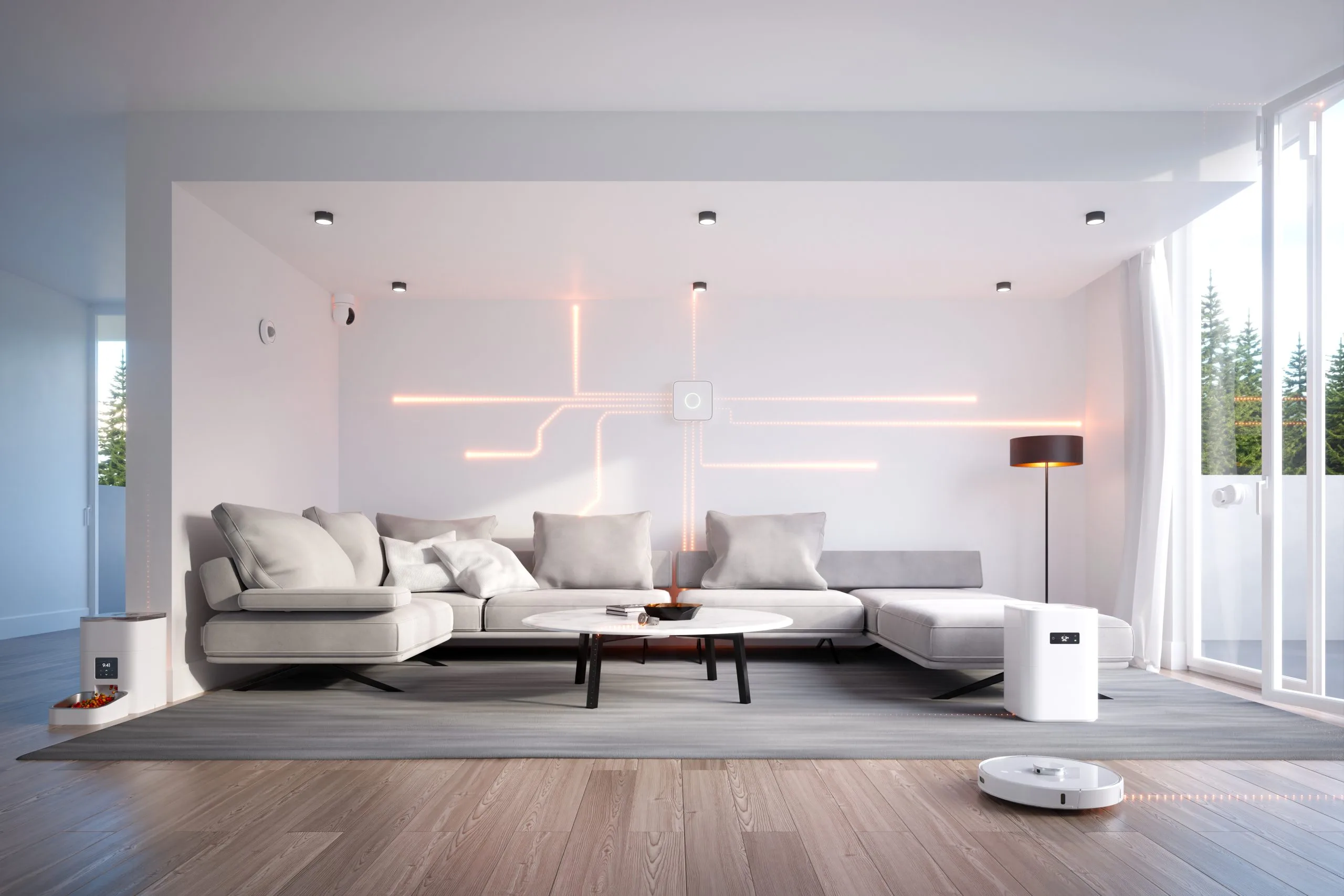 Modern living room showcasing home security systems Winnipeg with stylish decor and cozy ambiance