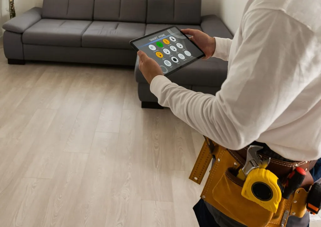 A technician uses a tablet to configure custom audio visual systems near a couch