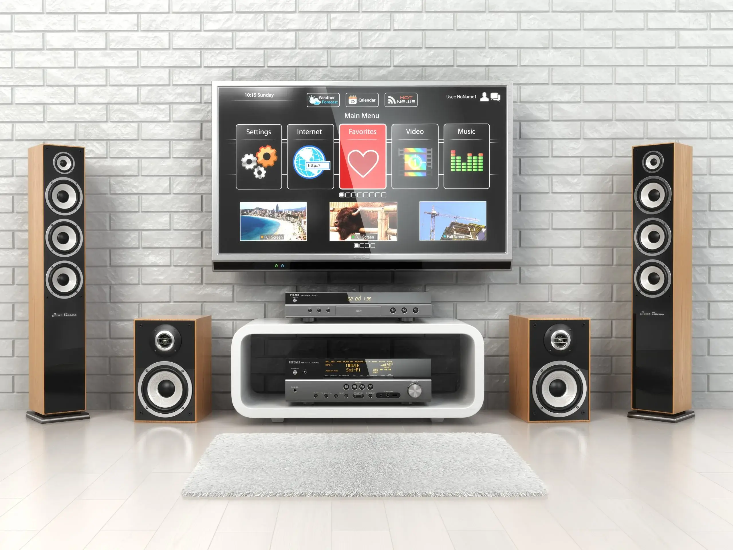 A modern entertainment center features a large TV and stylish speaker systems