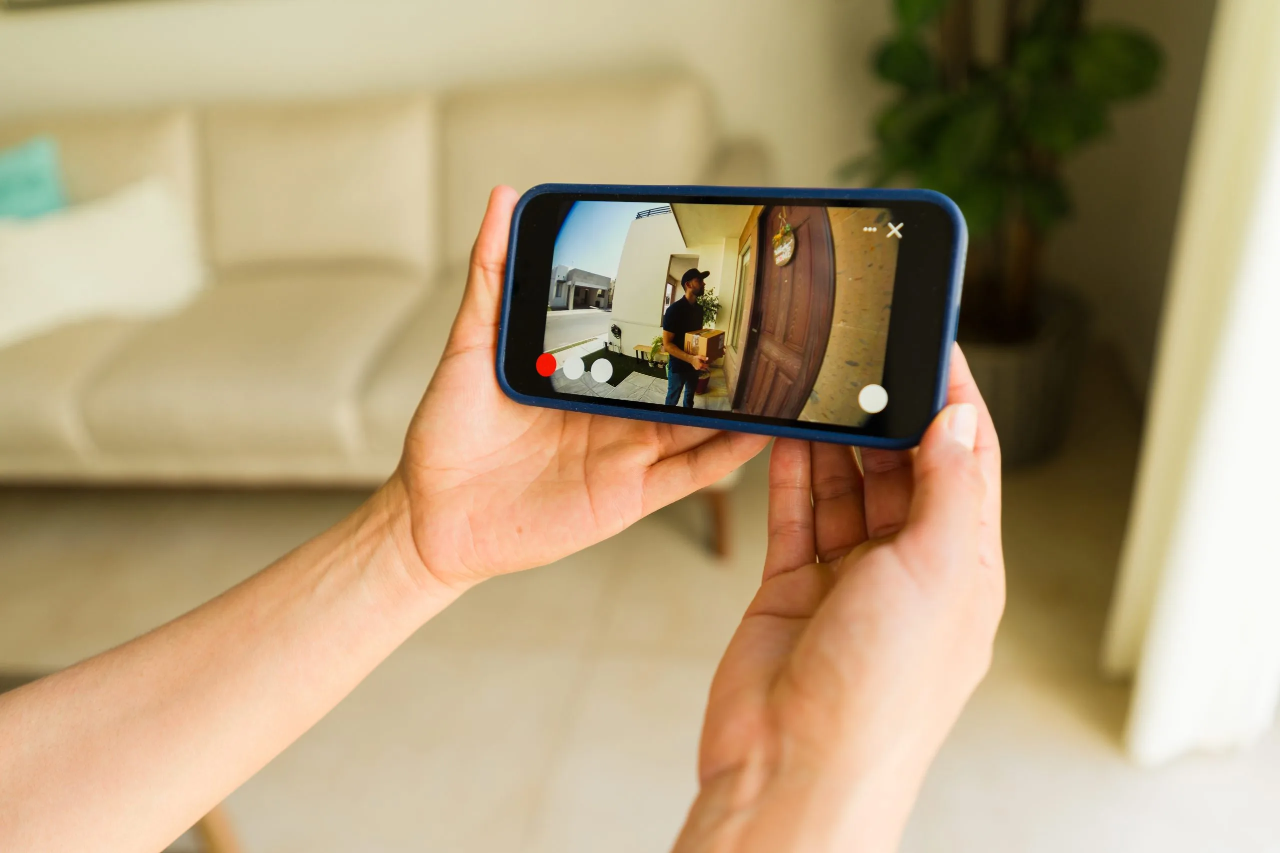 Person viewing video security systems feed on smartphone at a doorway