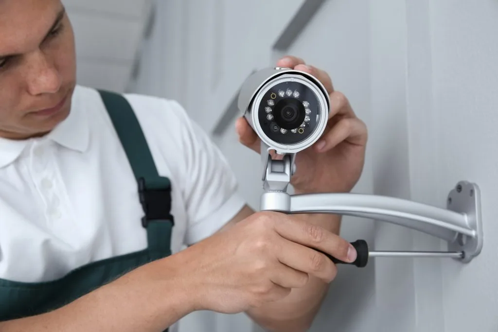 Technician installing a video security system camera on a wall