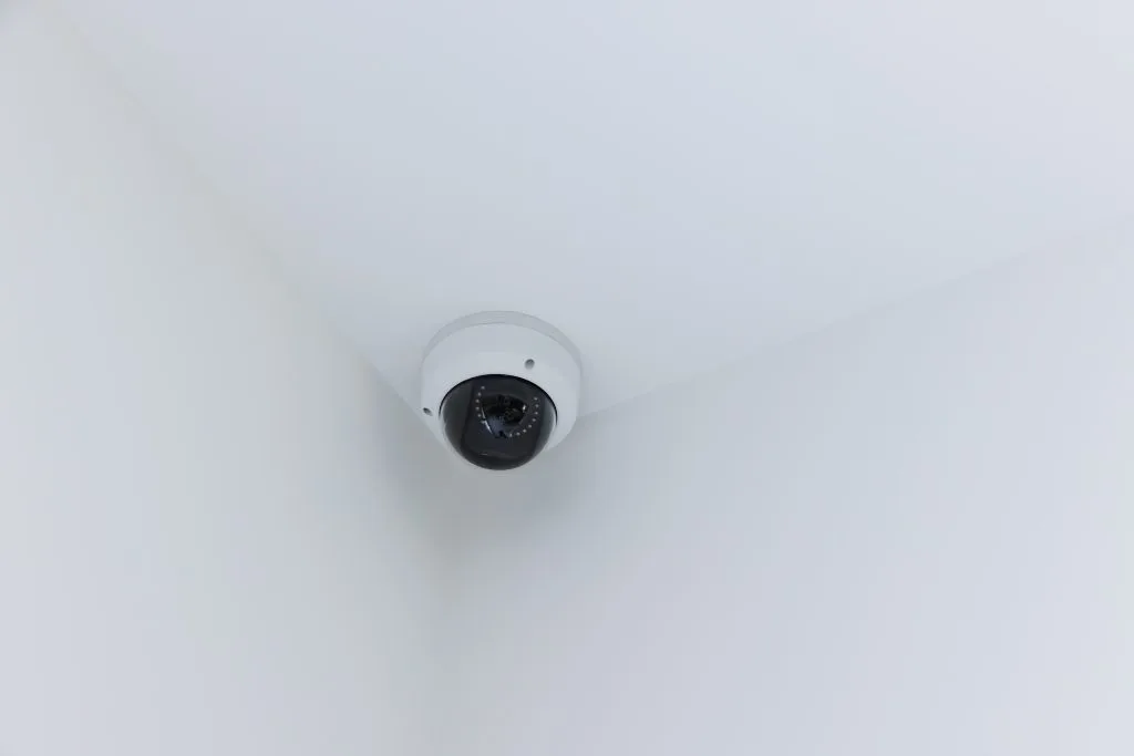 A surveillance camera is mounted on a white, textured ceiling