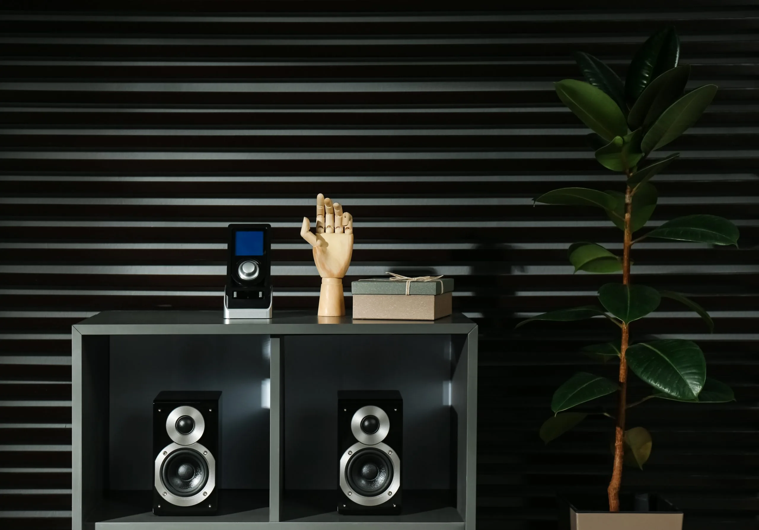 A decorative shelf displays speakers, a plant, and a hand sculpture