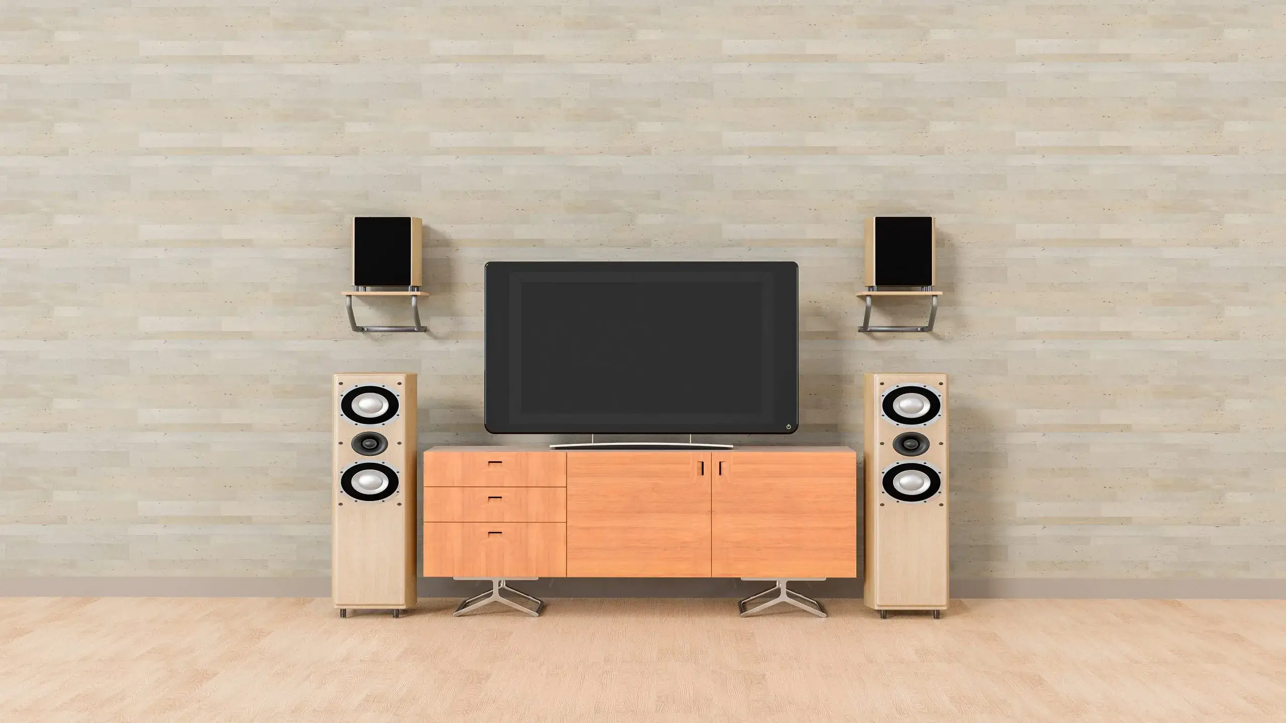 A modern media console is flanked by tall speakers and wall-mounted shelves